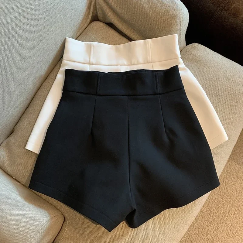 Elegant Suit Shorts Women Solid High Waist Wide Leg Shorts Office Lady Korean Fashion Black White Simple All Match Short Pants