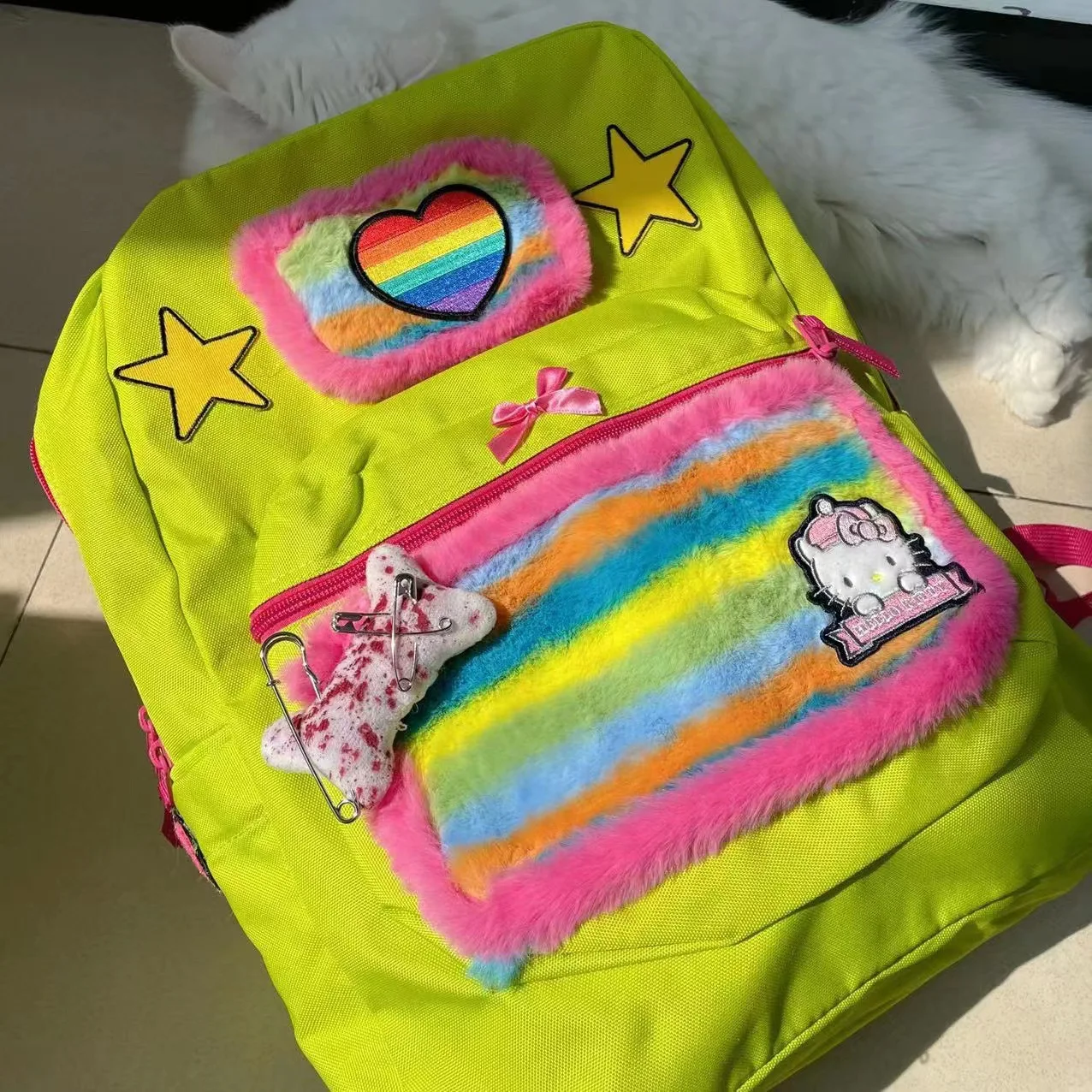 Hello Kitty Original Rainbow Sweetheart Cute Large Capacity Plush Star Y2K Millennium Cartoon Bones Student School Bag