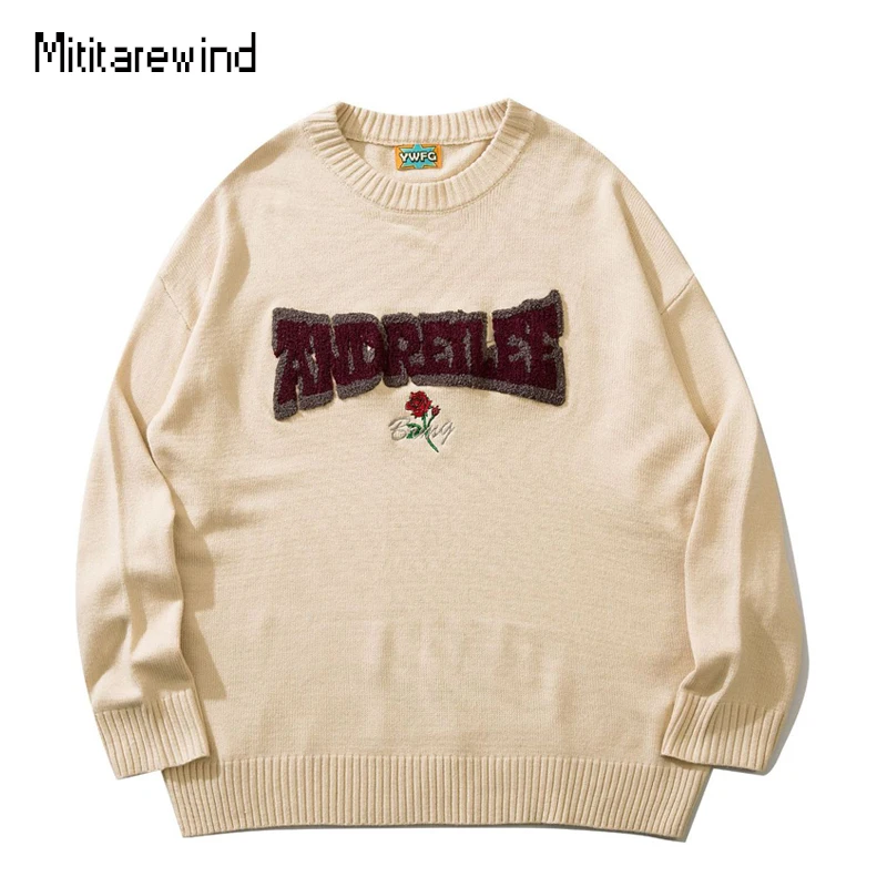 

Autumn Winter Couple Pullover Oversized Hip Hop Streetwear Autumn Winter Rose Embroidery Letter Printed Sweater Men Knitwear