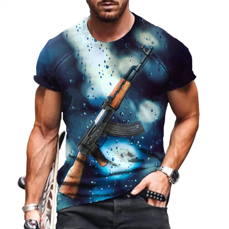 

Summer Men'S 3d Printed Ak47 Gun T-Shirt Loose Cool Fashion Casual Hand O Collar Short Sleeve Street Breathable Plus Size Top