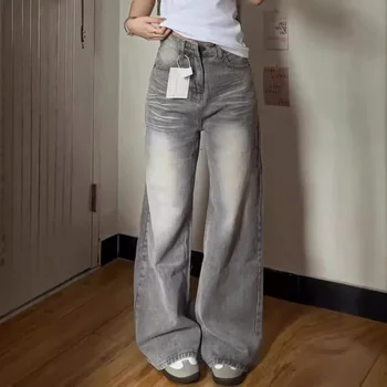 Women’s Vintage Wide-Leg Jeans – Grey Straight Casual Pants