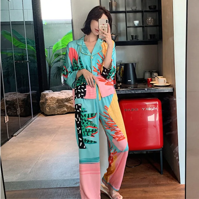 Women Pajama Set Hand Drawn Art Tropical Plants Silk Like Nightwear Shorts
