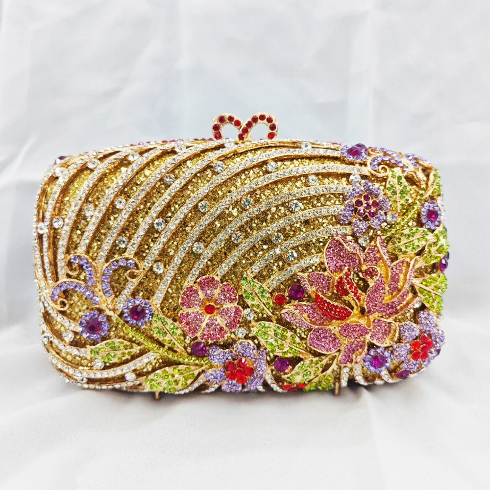 

Gold Hard Metal Flower Crystal Evening Bag Purses Floral Diamond Women Wedding Party Clutches Lady Rhinestone Purses Dinner Bag