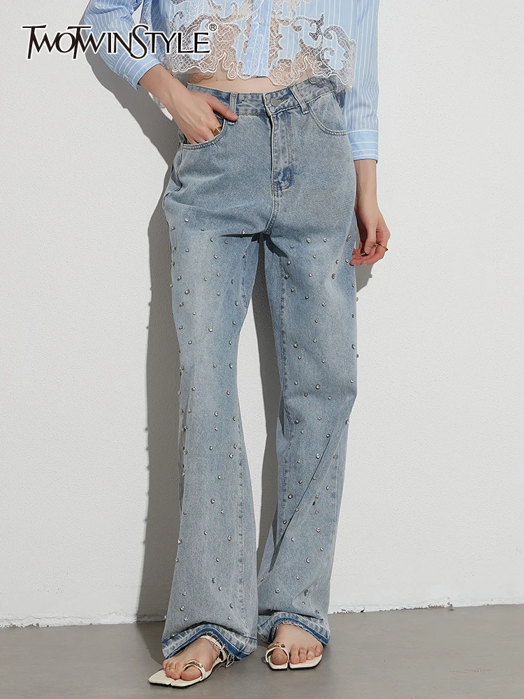 

TWOTWINSTYLE Patchwork Diamonds Loose Denim Pants For Women High Waist Spliced Pockets Chic Wide Leg Jeans Female Fashion New