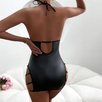 Women Naughty Babydoll Lingerie Hollowed out Deep V-Neck Backless Halter Neck Nightgown for Exotic Sleepwear Nightwear 2