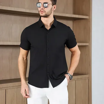 Camicia a maniche corte tinta unita casual da uomo nuova per la moda estiva senza stiratura Top comodo e versatile 1
