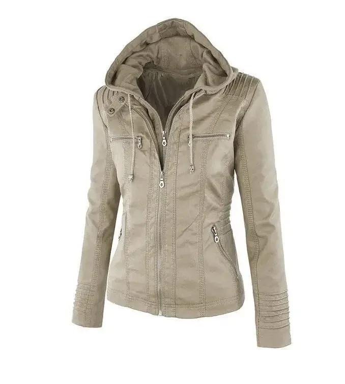 Long Sleeve Solid Color Zipper Hooded Leather Jacket Women's Detachable Crew Neck women leather jacket