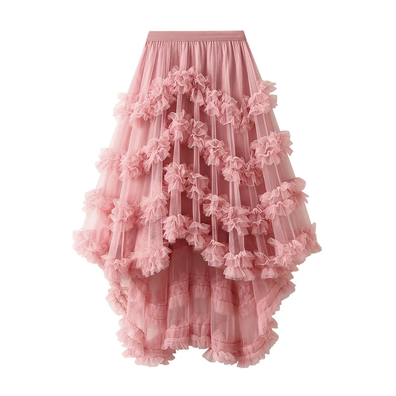 

Fairy Gauze Skirt Candy-color Elastic Waist Floral Appliques Fluffy Irregular Ruffled Cake Ball Gown Tulle Skirt for Women