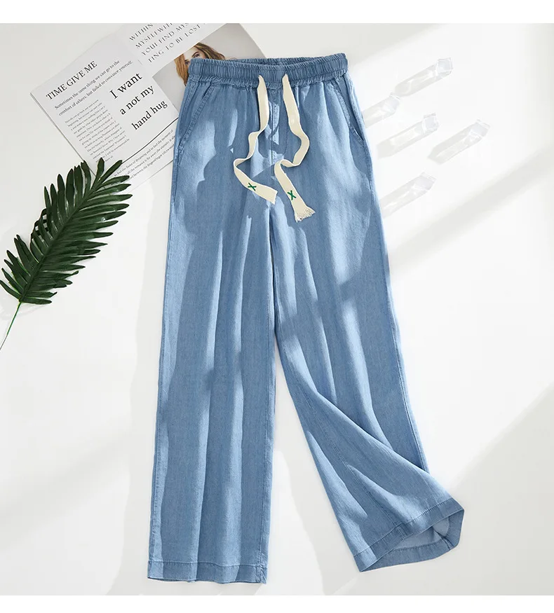 Minimalist Commuter Jeans Women's 2024 Summer New Loose High-waisted Solid Color Pockets Straight Ice Silk Casual Wide Leg Pants