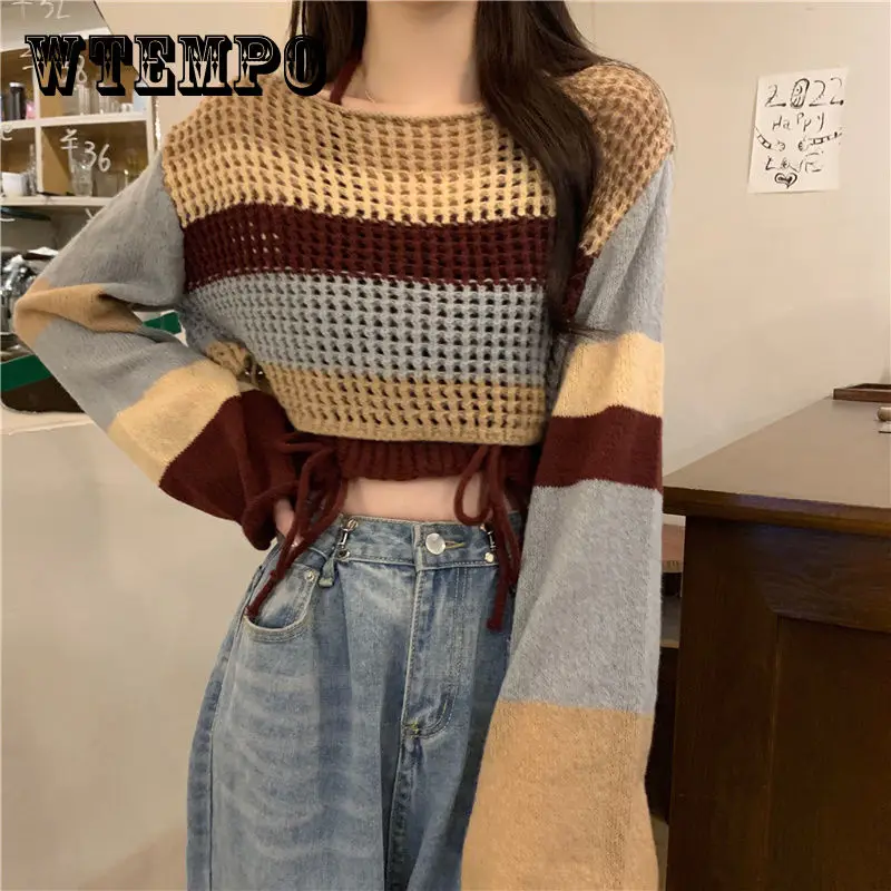 

Summer Hollow Out Long Sleeve Knitted Shirt Hanging Neck Strap Tank Top Women's Two Piece Set Versatile Stripe Fashion Pullover