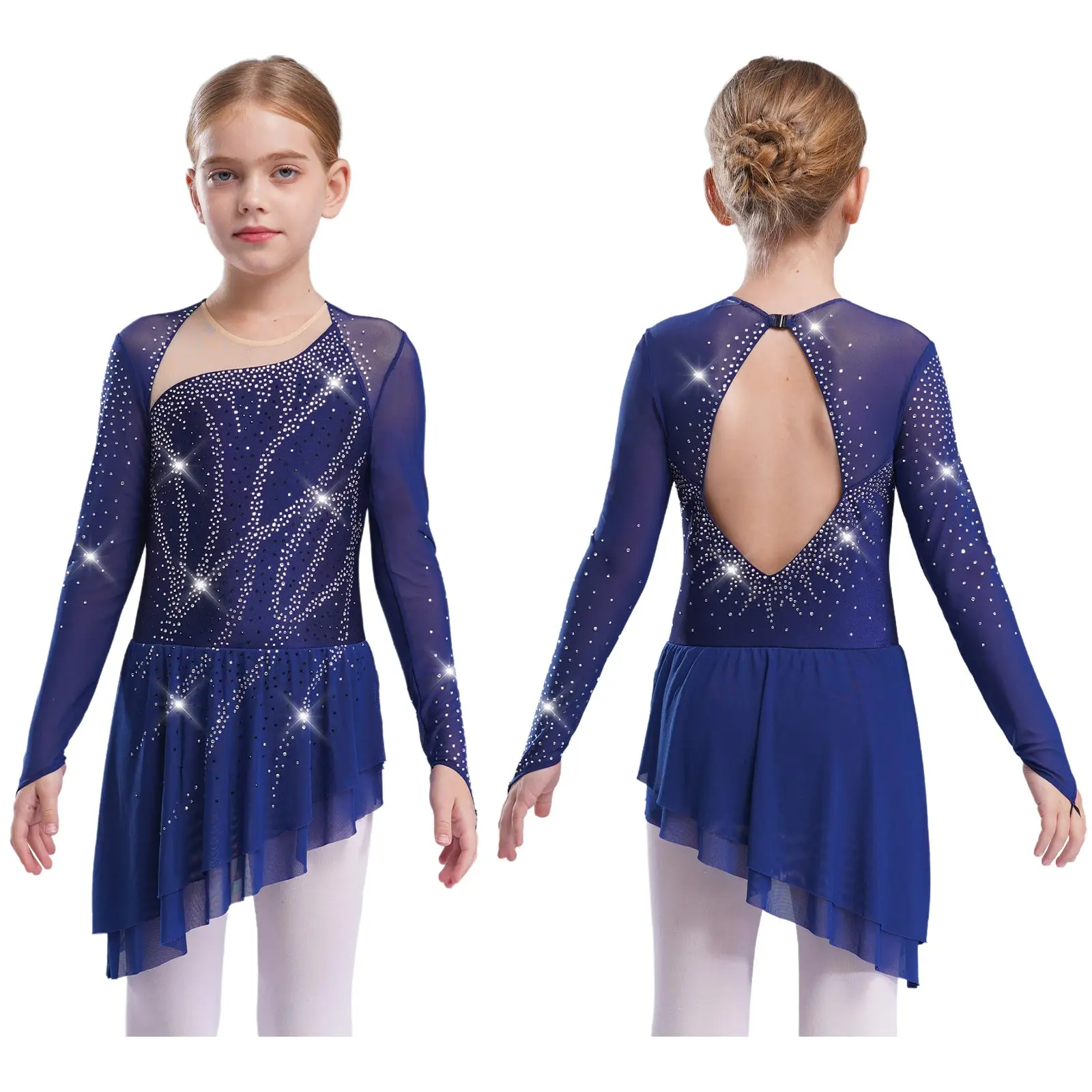 Kinder Mädchen Eiskunstlauf Rhythmische Gymnastik Trikot Kleid Asymmetrische Split Glänzende Strass Kontrast Farbe Kleid Ballerina – Detail 21