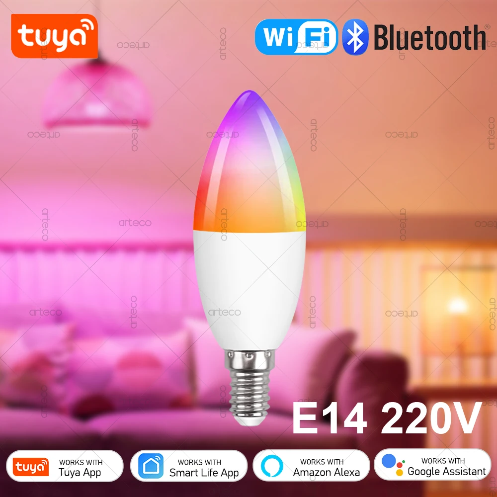 Tuya E14 Candle Lamp Smart Life App Control Smart Bulb WiFi Bluetooth RGB+CW LED Light 220V Dimmable Crystal Lamps Room Decorate smart led light bulbs