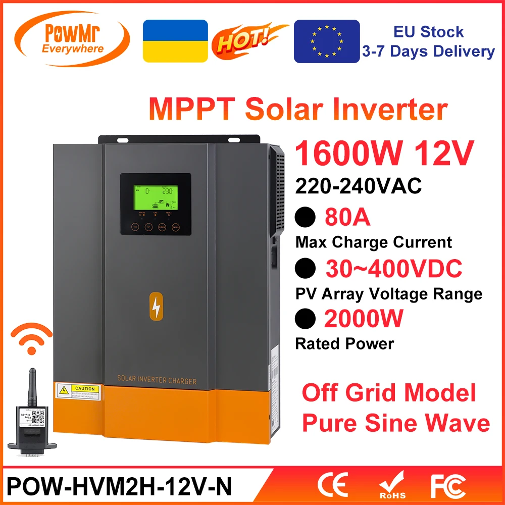 Powmr 2Kva/1600W Hybrid Solar Inversor 12V Caricabatteria Mppt 80A Integrato Caricatore Solare 230Vac Output Pv Max 400Vdc Inverter