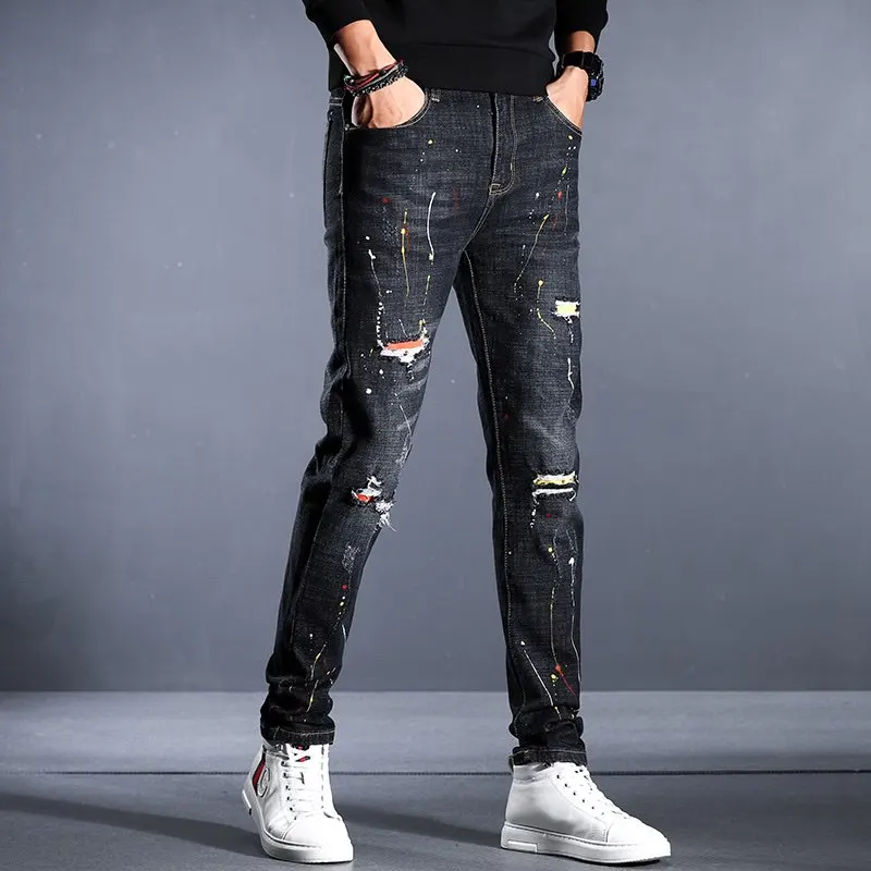 EH·MD® Black Ripped Jeans Men's Patchwork Zipper Pendant Splashed Ink Soft Zipper Belt Slim Cotton Stretch Pants Scratched 2022