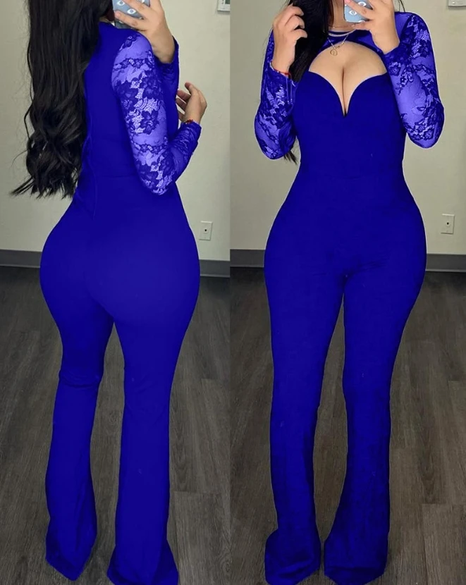 Jumpsuit Women 2023 Autumn New Fashion Elegant Commuting Sexy Hollow Out Asymmetric Neck Long Sleeve Contrast Lace Jumpsuit