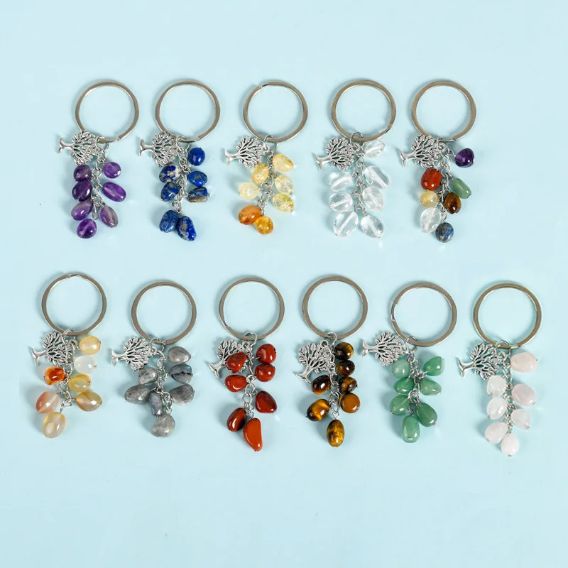 

10pcs Tree of Life Charms Key Rings Chakra Stone Key Chain Tiger Eye Black Water Grass Agate Jade Original Bag ACC
