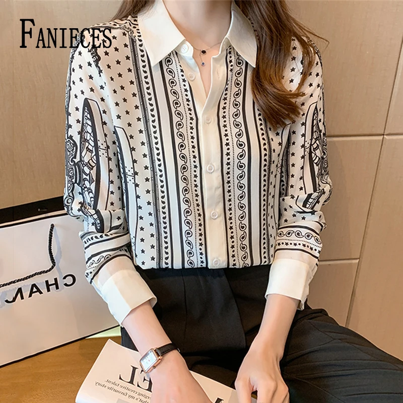

FANIECES Printed Ladies Shirts Vintage Long Sleeve Buttoned Office Lady Blouse Tops Chiffon Work Wear Office Blusas Mujer Блузки