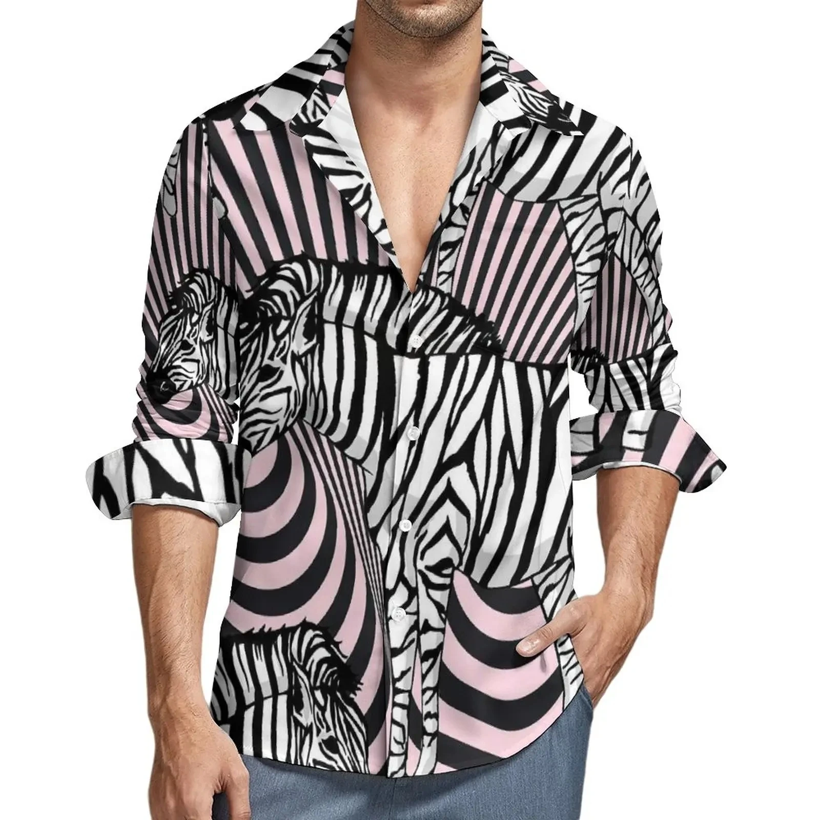 Novelty Black Stripe Zebra Hawaiian Long Sleeve Flower Shirt Men Casual 3D Print Cool Blouse Plus Size Man Fashion Camisa Slim