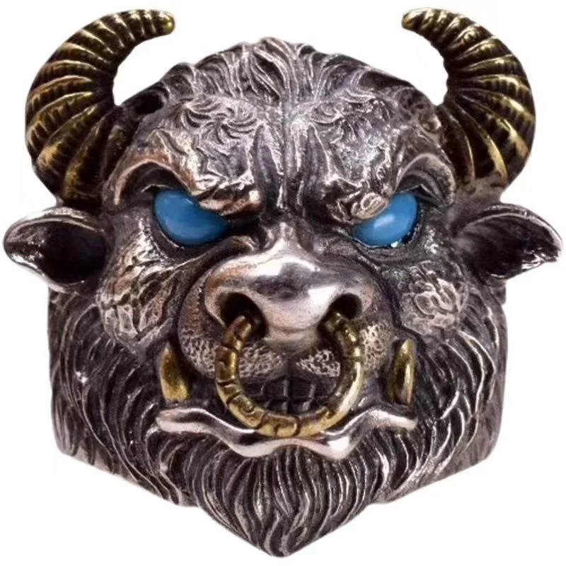 Luxury Bull Head Ring Handmade S925 Silver New Year's Zodiac Bull Head Retro Ring Men's Birthday Gift Wholesale