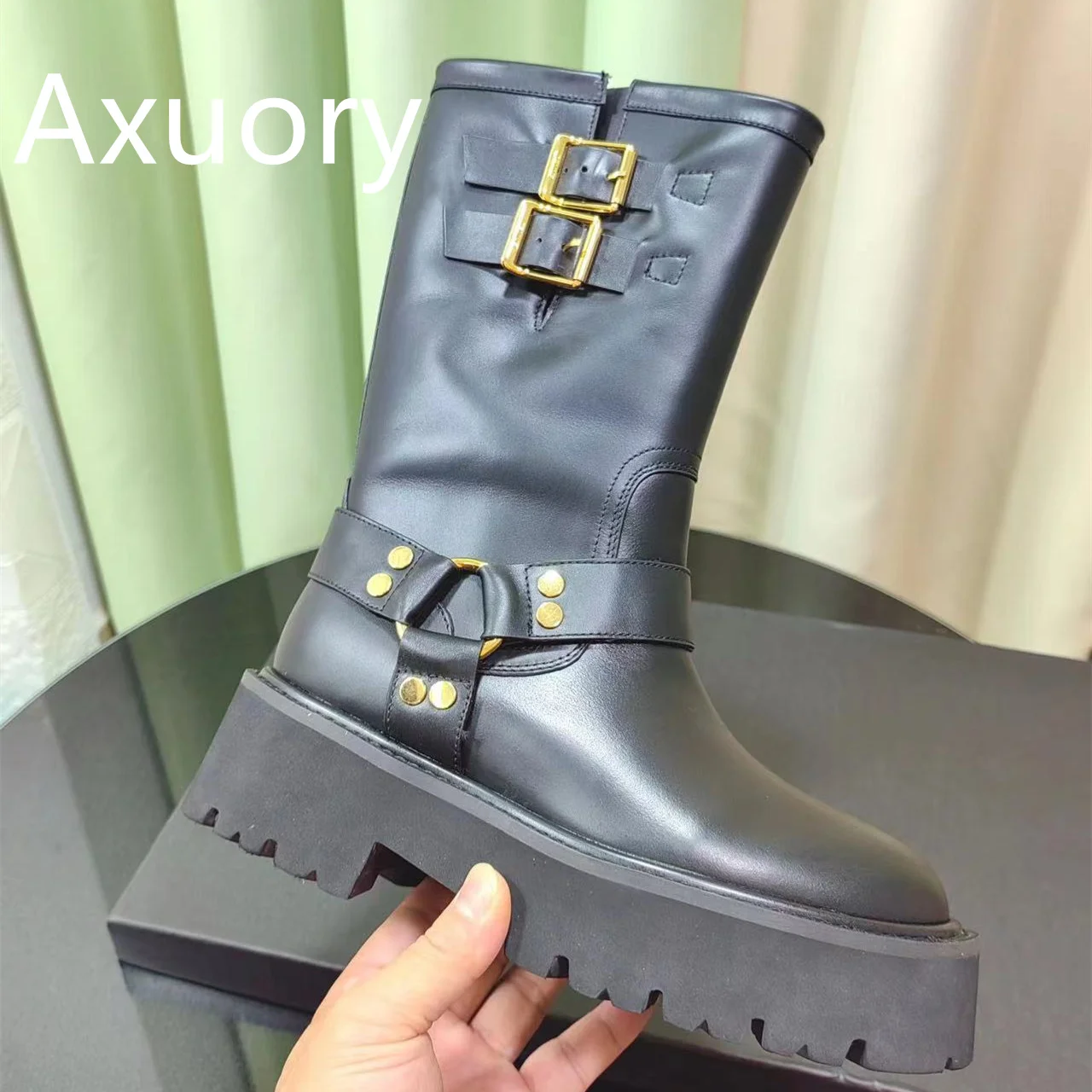

2023 New Women's Motorcycle boots Platfrom Genuine Leather Thick bottom anti slip Luxury Design High Heels Shoe