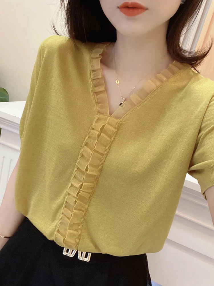 

Black Tshirts For Women Thin Ladies Knitted Tops Short Sleeve Tees Summer 2022 Patchwork T Shirt Femme Casual Clothes Camisetas