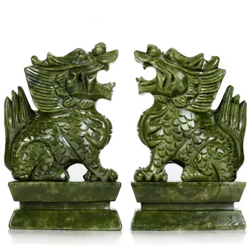 

A Pair 100% Natural China Green Jade Carved Fengshui Kylin Qilin Chi-Lin Beast