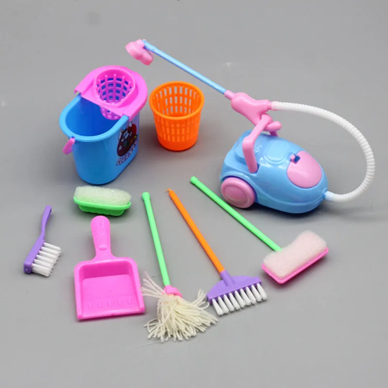 Miniature doll house supplies 9PCS Miniature Doll House Cleaning Supplies Mini Bucket Mop Brush Broom Housework Cute Tool Set Furniture Accessories Kid BJD