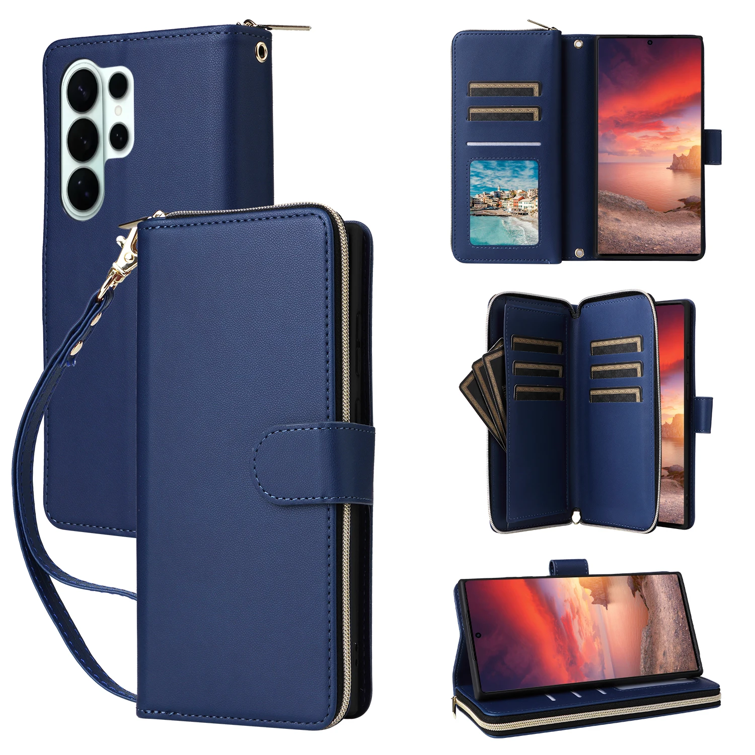 Deluxe Leather Flip Wallet Case with Long Lanyard and Cardholder