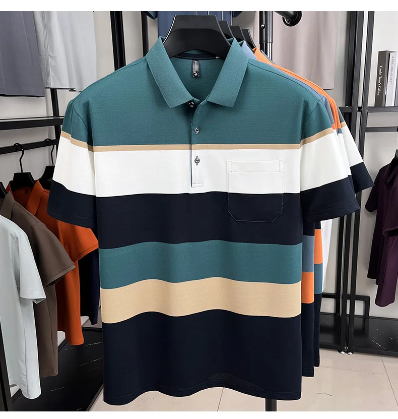 Fashion luxury striped short sleeve polo shirt summer new trend pocket design comfortable breathable Korean casual golf T-shirt 19 S5f62ebd979984d80a066834dd32a489bh