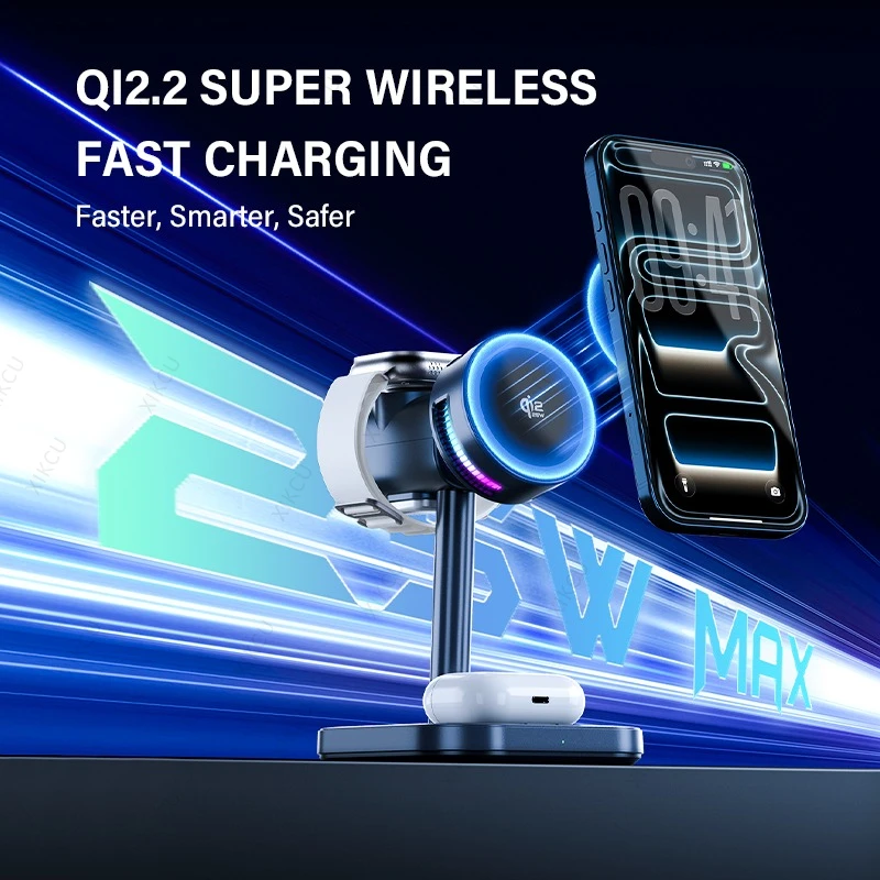 3 IN 1 마그네틱 qi2 25W 무선 충전 스탠드 LED 라이트 에어 쿨링 고속 충전 아이폰 1712 에어팟 프로 3/2 애플 워치용