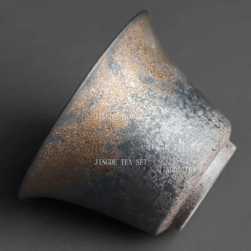 1pcs Coarse Pottery Covered Bowl Chinese Tea Set High-end Retro Gilded Rust Glazed Tea Cup Gaiwan