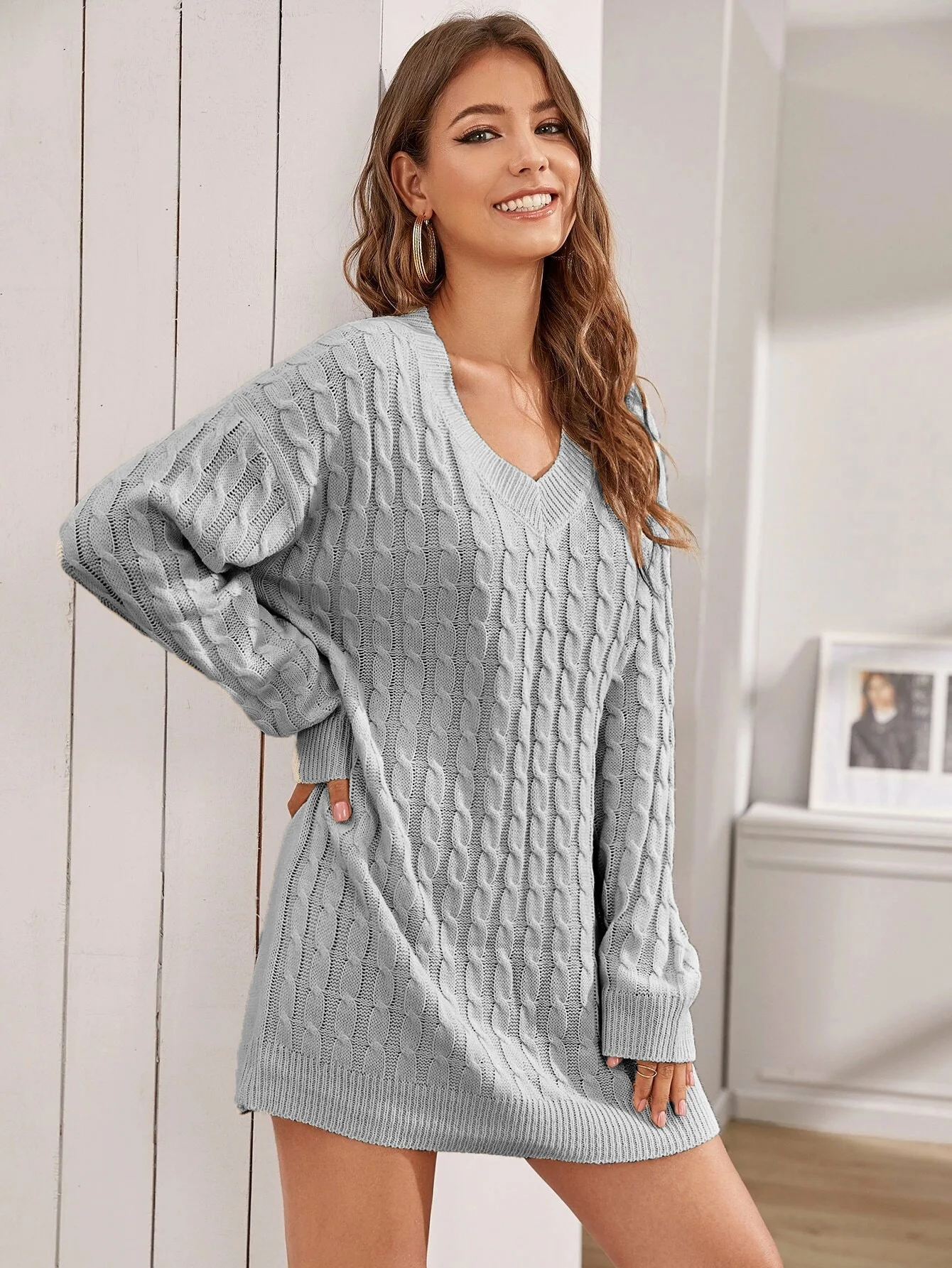 Knitted V-neck French Sexy Dress Fried Dough Twists Solid Color Medium Long Waisted Women's