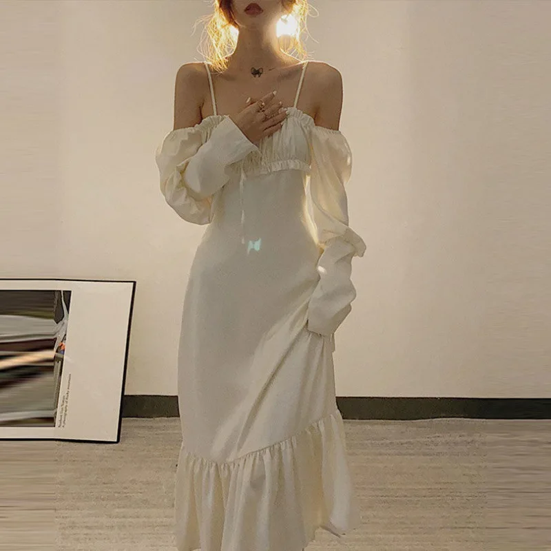 

2022 spring new retro sweet casual one-shoulder trend square neck puff sleeve fishtail dress fairy skirt party dress