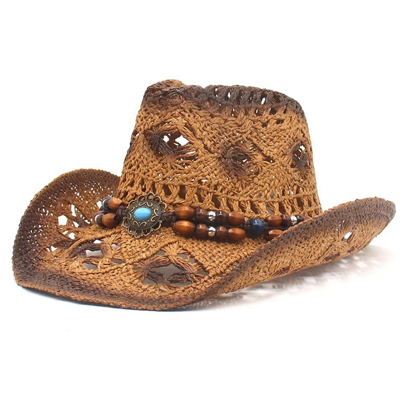 Combhasaki Y2K Retro Cowboy Hat Creative Curled Straw Hollow Design Ethnic Style Beads Chain Decoration Shade Straw Hat