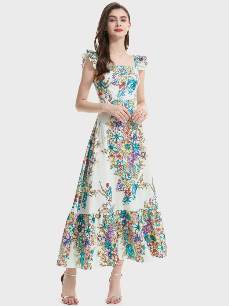 Gentle and elegant ink-wash floral print sundress, A-line, summer style Short Dress