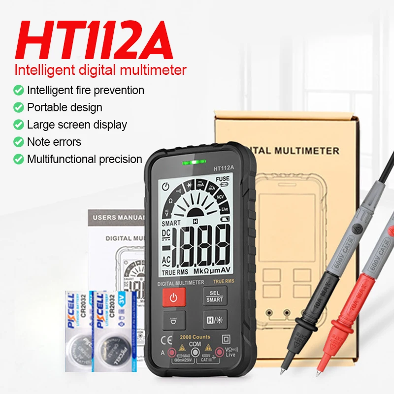 

Цифровой умный мультиметр HT112A HT112B, Автоматический диапазон, DMM вольтметр, истинное среднеквадратичное значение, Бесконтактный индикатор напряжения, 2000/6000 отсчетов, умный мультитестер