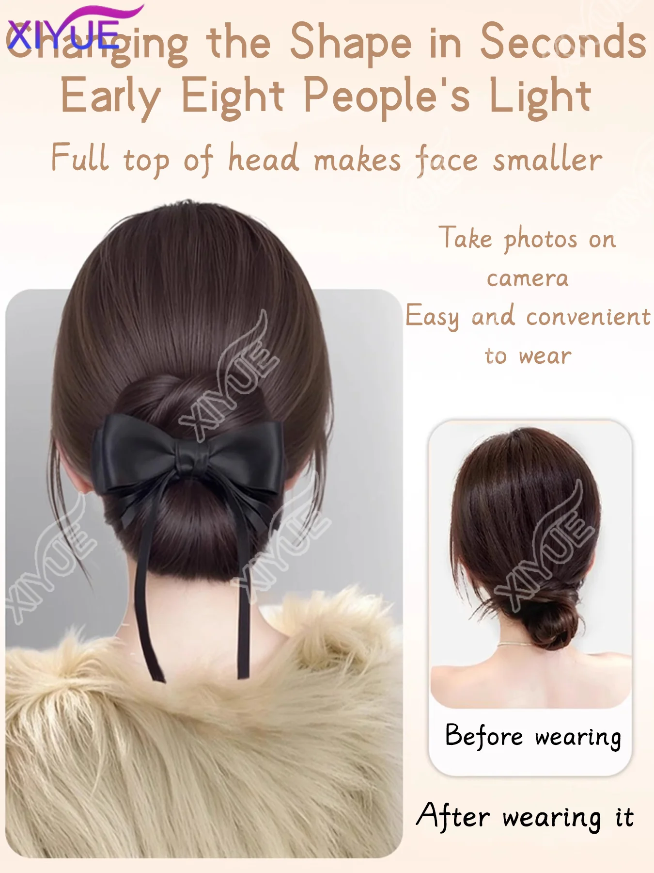 XIYUE Synthetic Maruko Head Wig Grip Clip Female Natural Simulation Bow Flower Bud Curl Hair Fluffy Synthetic Wig Package