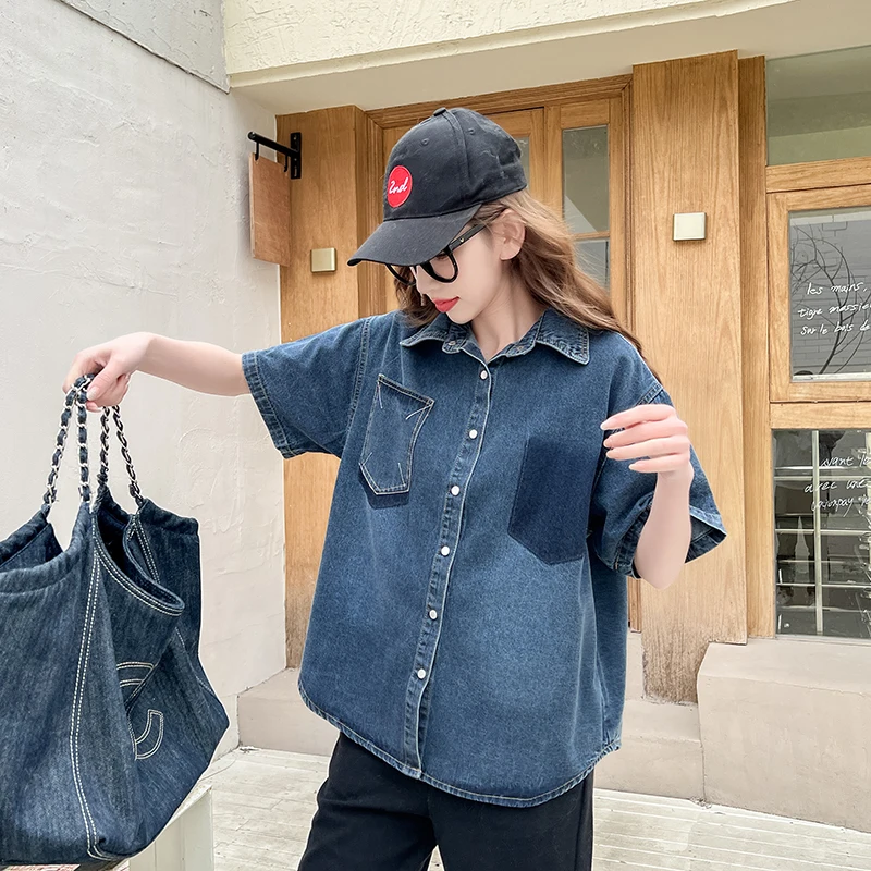 2023 Summer New Denim Shirts Women Vintage Loose Turn-down Collar Short Sleeve Blouses Tops Streetwear
