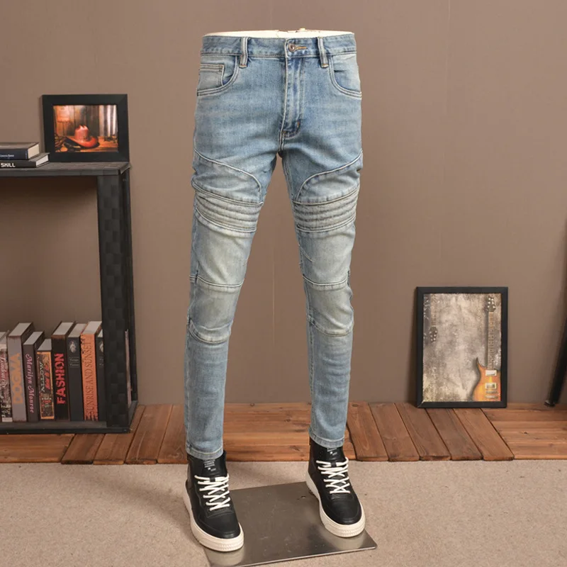 Retro Light Color Distressed Stitching Jeans Men's Rock Party Stretch Slim High-End Pu Handsome Motorcycle Leisure Skinny Pants