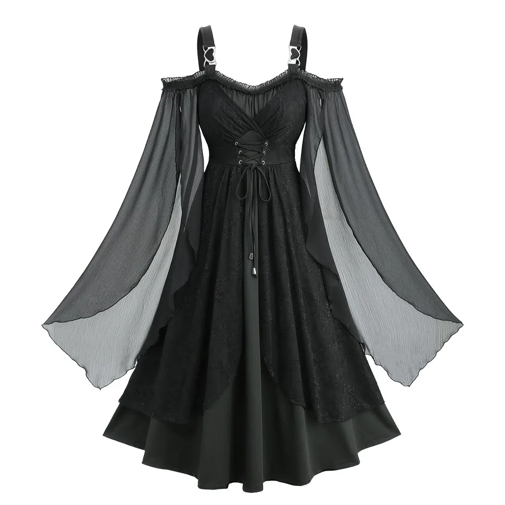 ROSEGAL Plus Size A-Line Tank Dress Black Floral Lace Panel Lace-Up Ruffles Chiffon Textured Split Flare Sleeves Robe Vestidos
