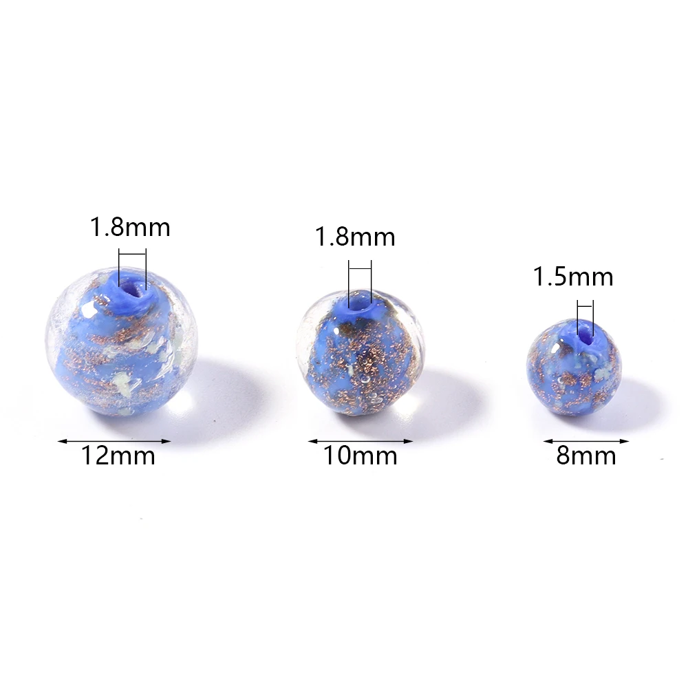 10Pcs 8/10/12mm 골드 샌드 유리 구슬 다채로운 램프워크 구슬 라운드 루즈 스페이서 비즈 쥬얼리 만들기 DIY 팔찌 목걸이