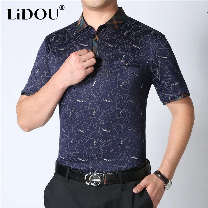 

2023 Korean Fashion Summer Shirts Man Sports Print Business Casual Pullover Loose Vintage Street Capable Formal Top Male Clothes