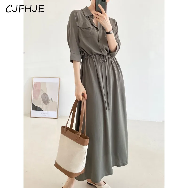 

CJFHJE Платье-поло женское с завязкой на талии, длинное повседневное свободное платье во французском стиле с коротким рукавом и карманами, на лето