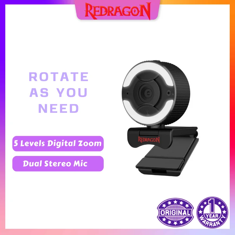 

Веб-камера Redragon GW910 1080P для ПК, двойной микрофон, регулируемый кольцевой свет, цифровой зум, 2,0 USB, компьютерная веб-камера