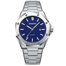 BINBOND Fashion Men's Alloy Strap Watch with Octagonal Screw Design and Quartz Movement (Silver Blue)