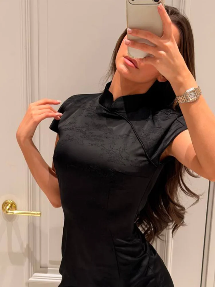 White Satin Patchwork Lace Trim Dress Women's  Stand Collar Short Sleeve Ruffle Draped Sexy Dresses 2026 Lady Date Vestidos
