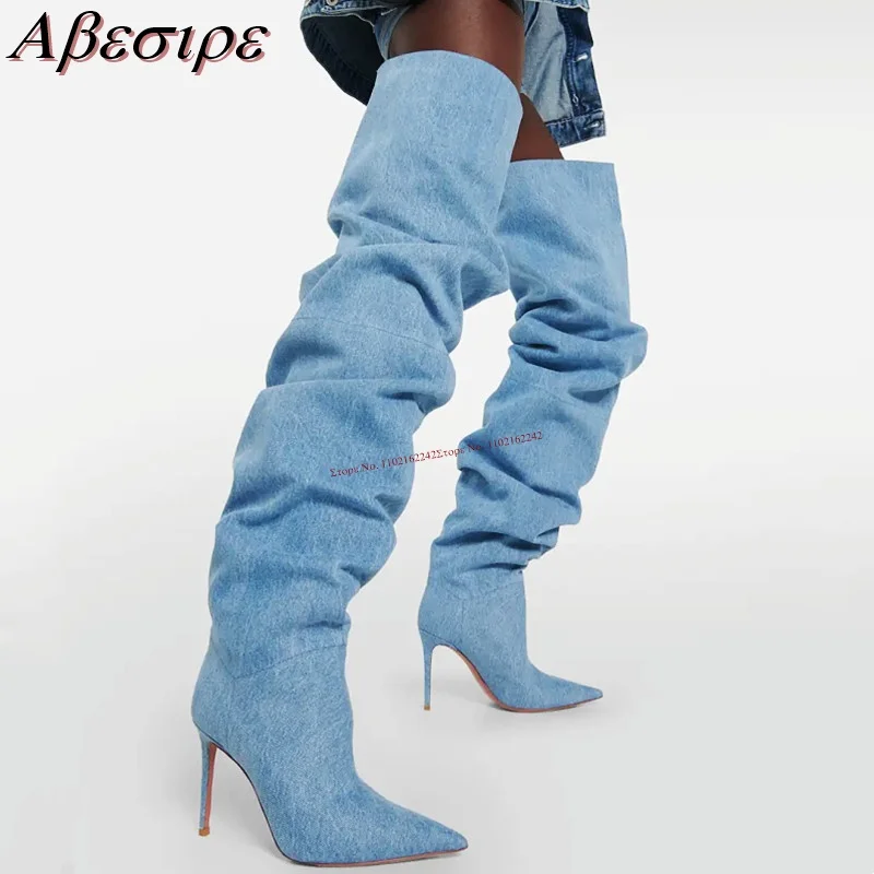 

Autumn Pleated Jeans Boots Pointed Toe Stiletto Over-The-Knee Boots Temperament Slim Casual All-Match Fashion Boots Winter 46