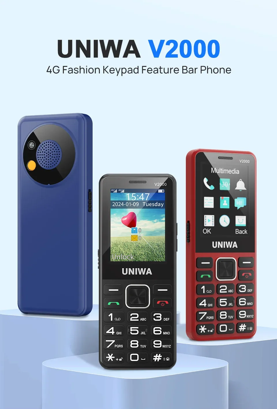 UNIWA V2000 4G Keypad Feature Phone 2.4 Inch Big Button Loud Volume Dual SlM 1700mAh Russia Keyboard for Elderly SOS BT V5.0