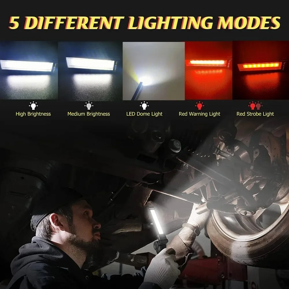 Led flashlight rechargeable portable COB folding work light 5Modes waterproof camping floodlight with magnetic & hook