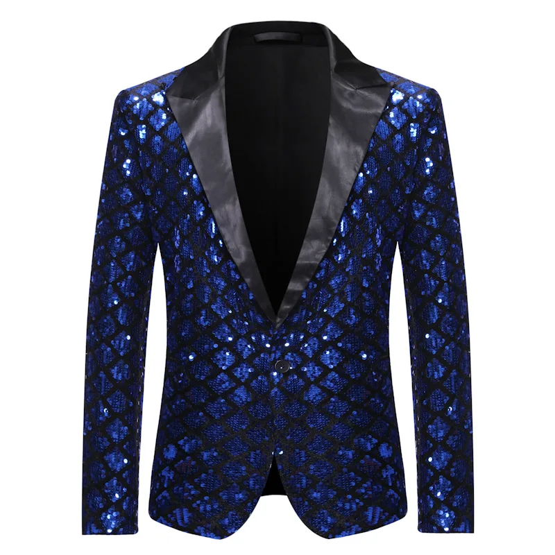 

Mens Shiny Royal Blue Sequins Blazer Jacket One Button Tuxedo Blazer Men Party Wedding Banquet Prom Stage Singers Costume Homme